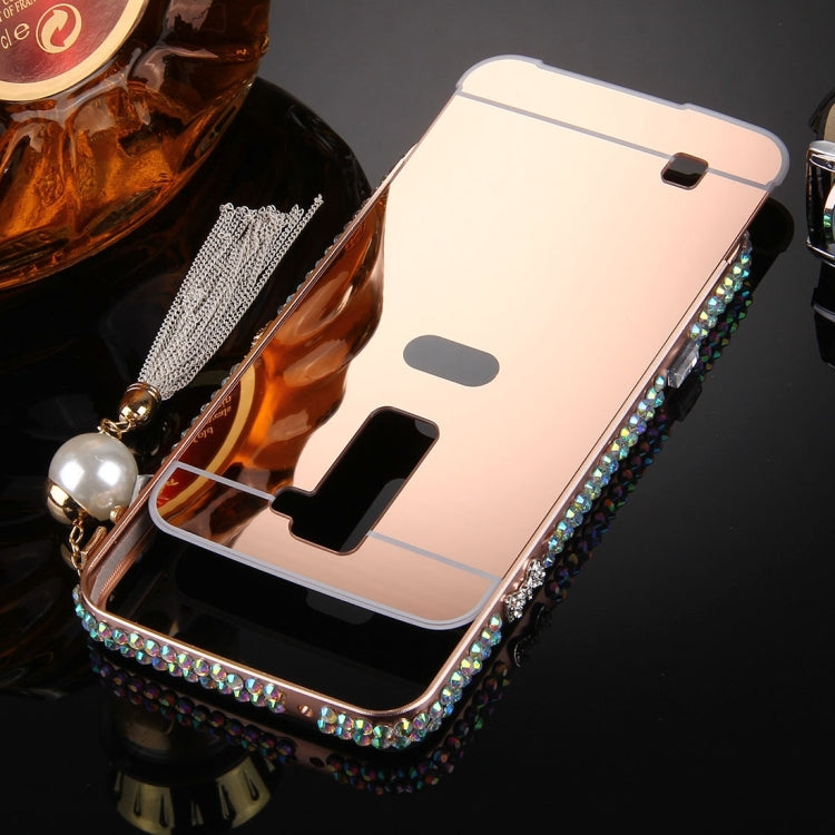 For LG K10 Pearl Chain Pendant Diamond Encrusted Electroplating Mirror PC Protective Cover Case(Rose Gold)
