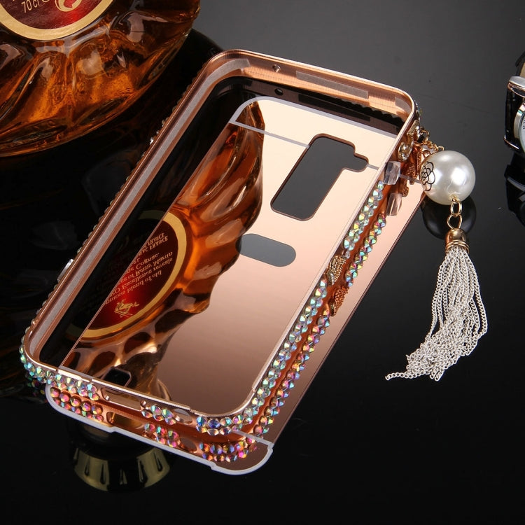 For LG K10 Pearl Chain Pendant Diamond Encrusted Electroplating Mirror PC Protective Cover Case(Rose Gold)