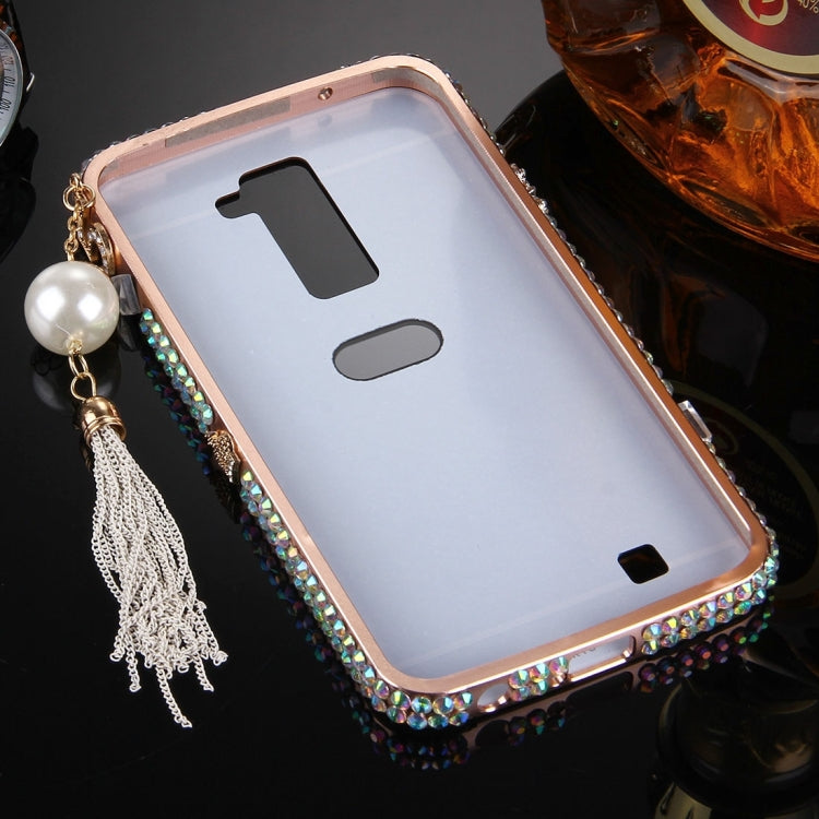 For LG K10 Pearl Chain Pendant Diamond Encrusted Electroplating Mirror PC Protective Cover Case(Rose Gold)
