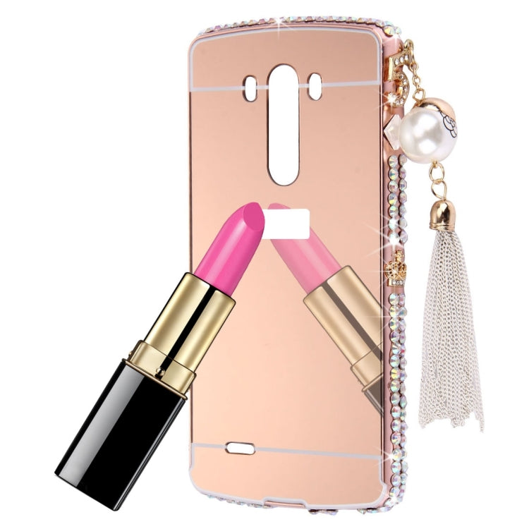 For LG G3 Pearl Chain Pendant Diamond Encrusted Electroplating Mirror PC Protective Cover Case(Rose Gold)