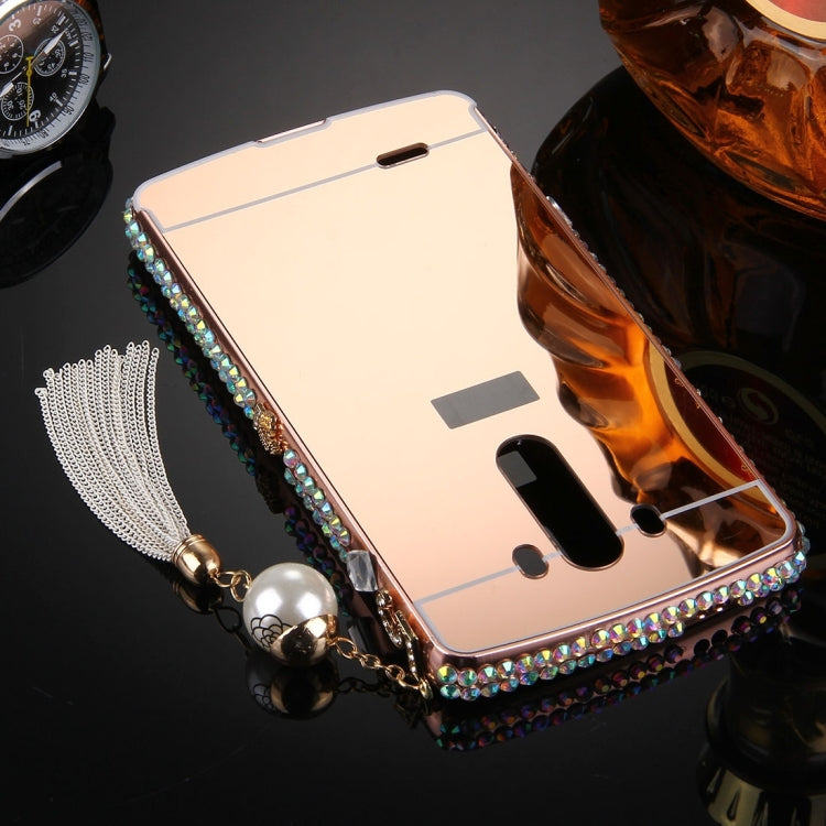 For LG G3 Pearl Chain Pendant Diamond Encrusted Electroplating Mirror PC Protective Cover Case(Rose Gold)