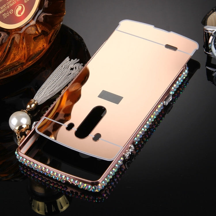 For LG G3 Pearl Chain Pendant Diamond Encrusted Electroplating Mirror PC Protective Cover Case(Rose Gold)