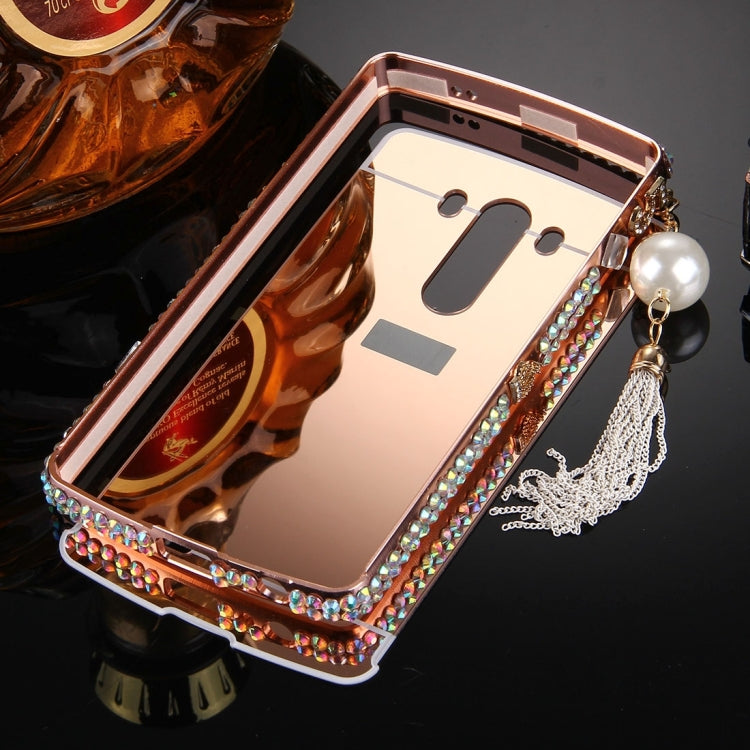 For LG G3 Pearl Chain Pendant Diamond Encrusted Electroplating Mirror PC Protective Cover Case(Rose Gold)