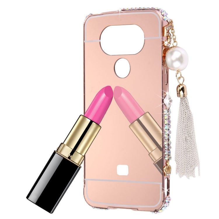 For LG G5 Pearl Chain Pendant Diamond Encrusted Electroplating Mirror PC Protective Cover Case(Rose Gold)
