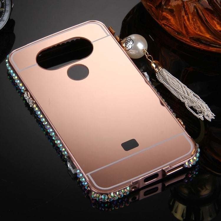 For LG G5 Pearl Chain Pendant Diamond Encrusted Electroplating Mirror PC Protective Cover Case(Rose Gold)