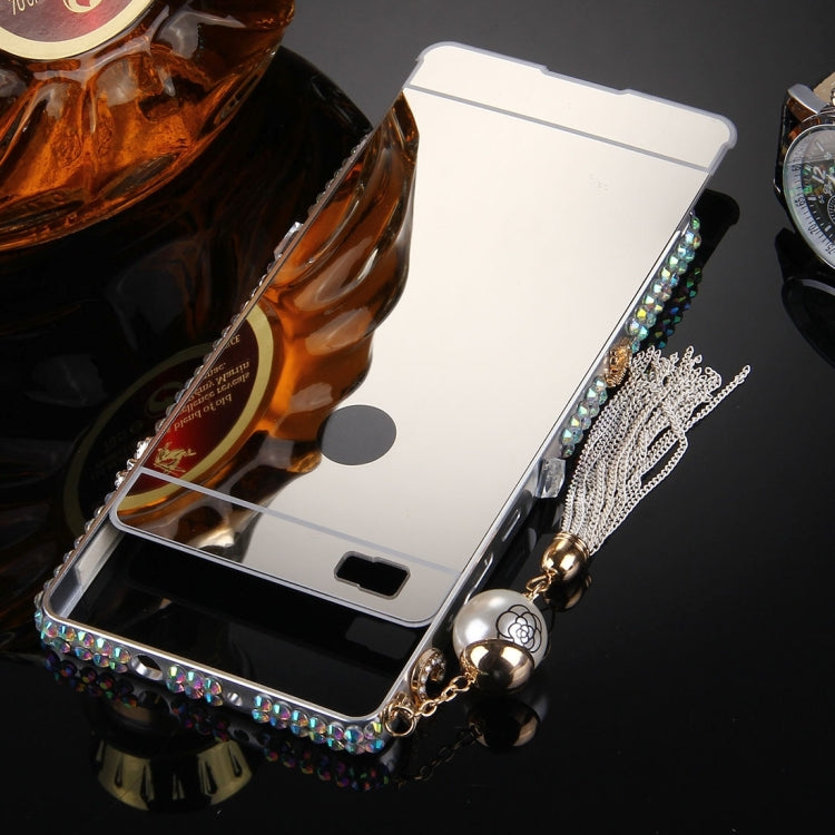 For Huawei P8 Lite Pearl Chain Pendant Diamond Encrusted Electroplating Mirror PC Protective Cover Case(Silver)