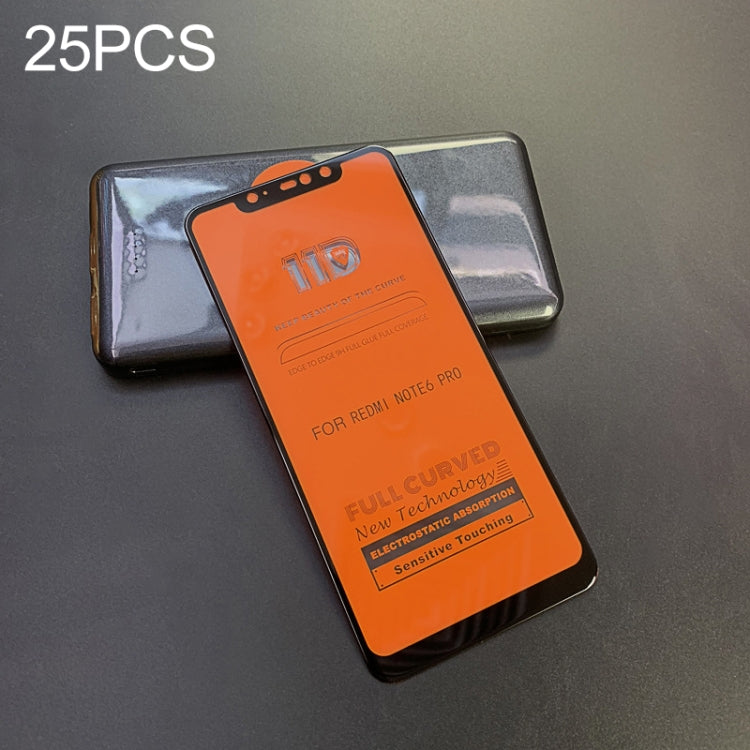 25 PCS mietubl Scratchproof 11D HD Full Glue Full Curved Screen Tempered Glass Film for Xiaomi Redmi Note 6 Pro (Black)