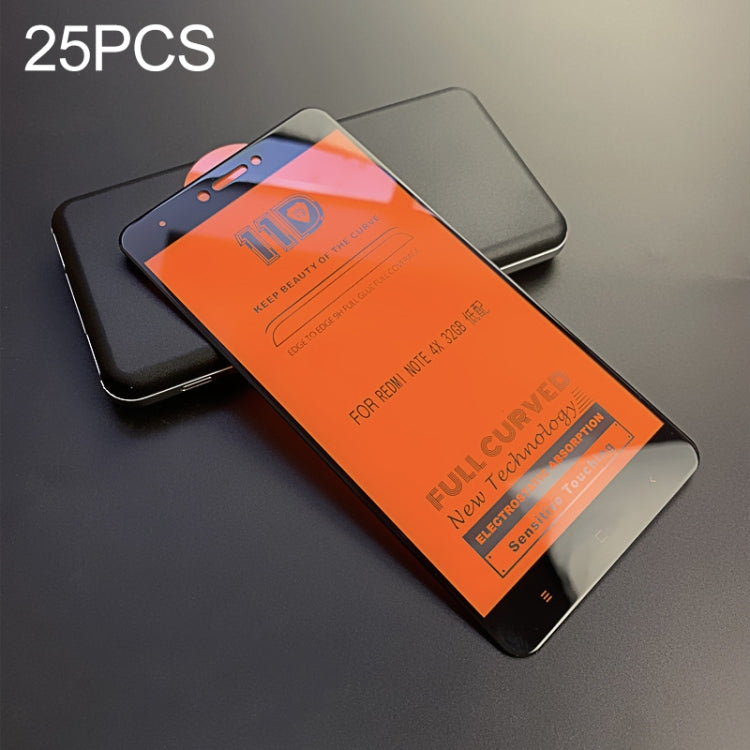 25 PCS mietubl Scratchproof 11D HD Full Glue Full Curved Screen Tempered Glass Film for Xiaomi Redmi Note 4X(Black)
