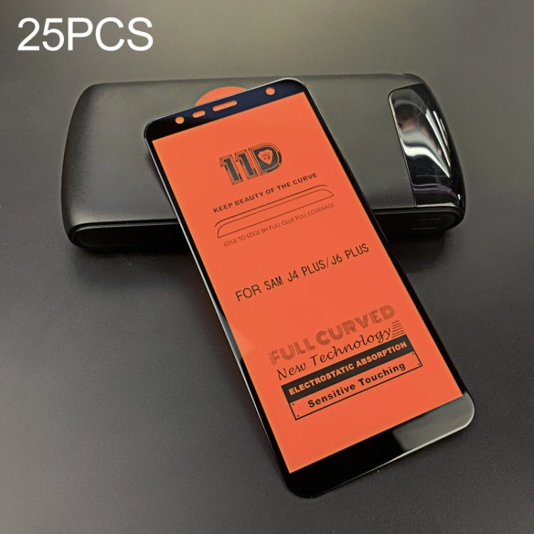 25 PCS mietubl Scratchproof 11D HD Full Glue Full Curved Screen Tempered Glass Film for Galaxy J4+ / Galaxy J6+ (Black)