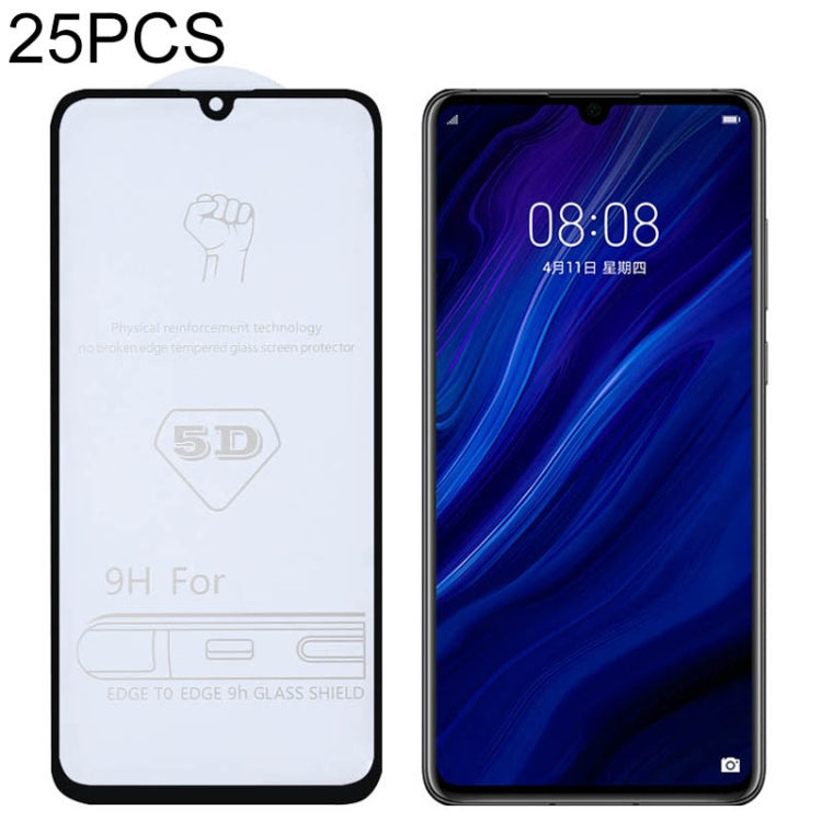 25 PCS 9H 5D Full Glue Full Screen Tempered Glass Film for Huawei P30