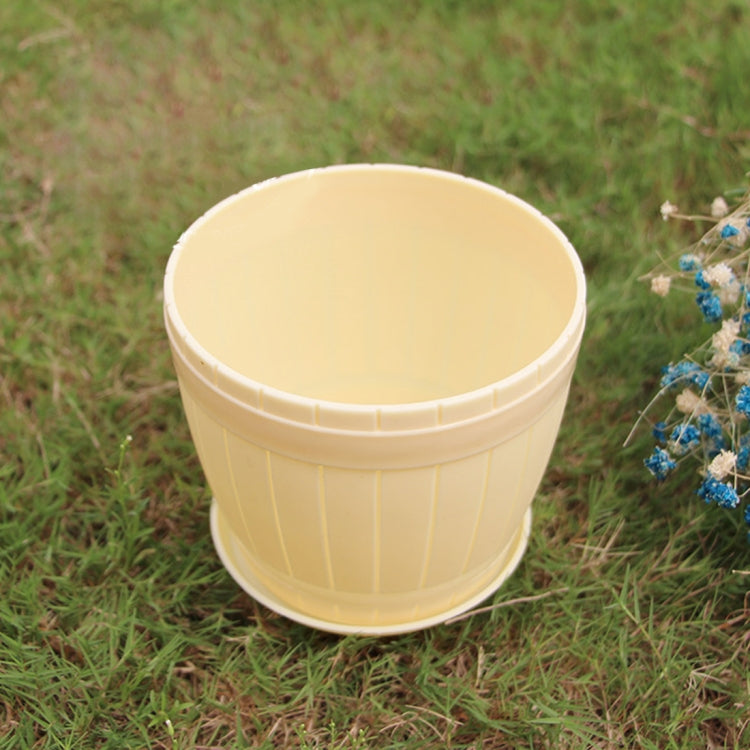10 PCS Imitation Wooden Barrel Plastic Resin Flower Pot with Tray, Top Diameter: 11cm, Height: 9cm
