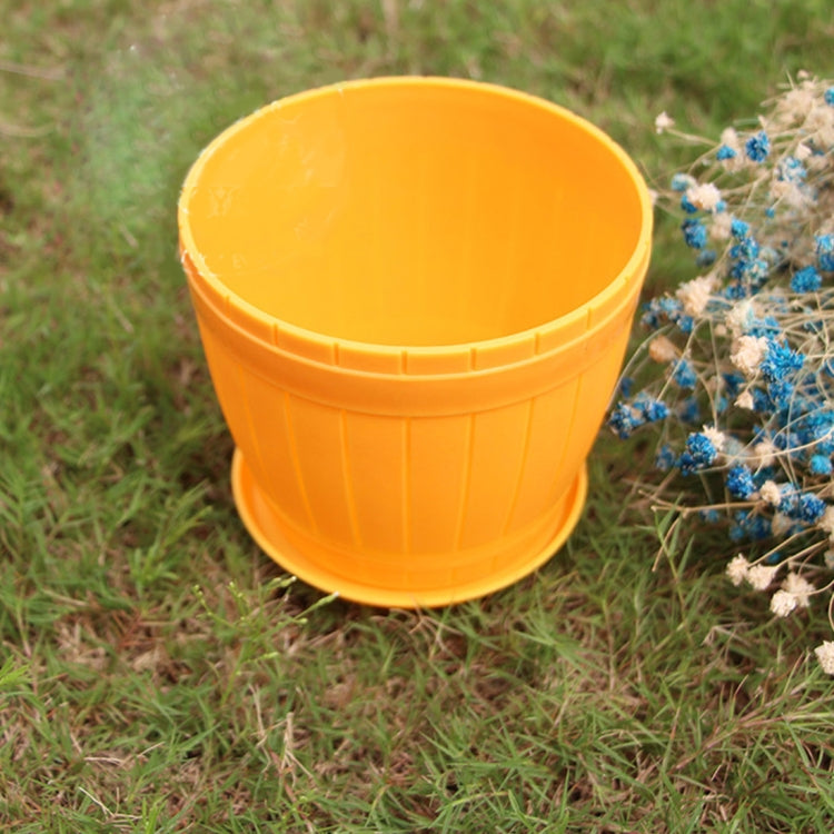 10 PCS Imitation Wooden Barrel Plastic Resin Flower Pot with Tray, Top Diameter: 11cm, Height: 9cm