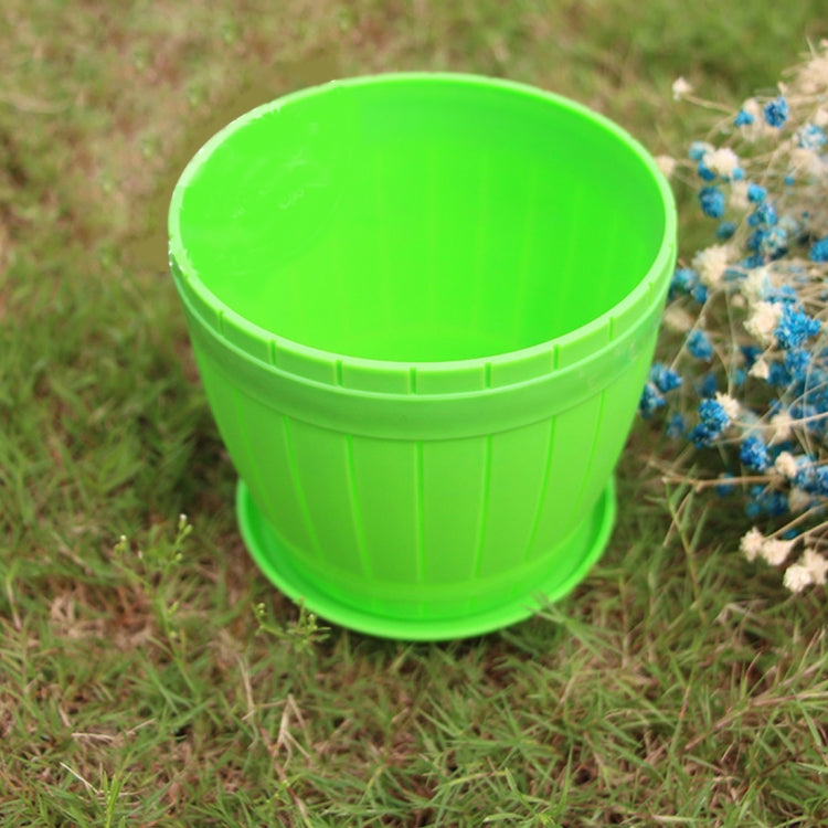 10 PCS Imitation Wooden Barrel Plastic Resin Flower Pot with Tray, Top Diameter: 13cm, Height: 11.5cm