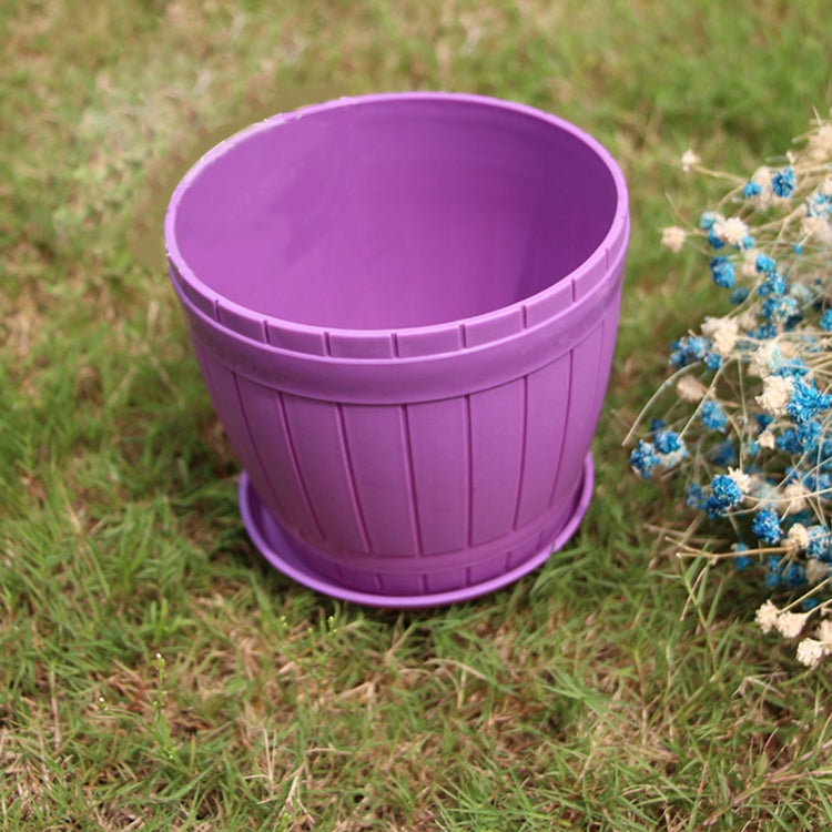 10 PCS Imitation Wooden Barrel Plastic Resin Flower Pot with Tray, Top Diameter: 13cm, Height: 11.5cm