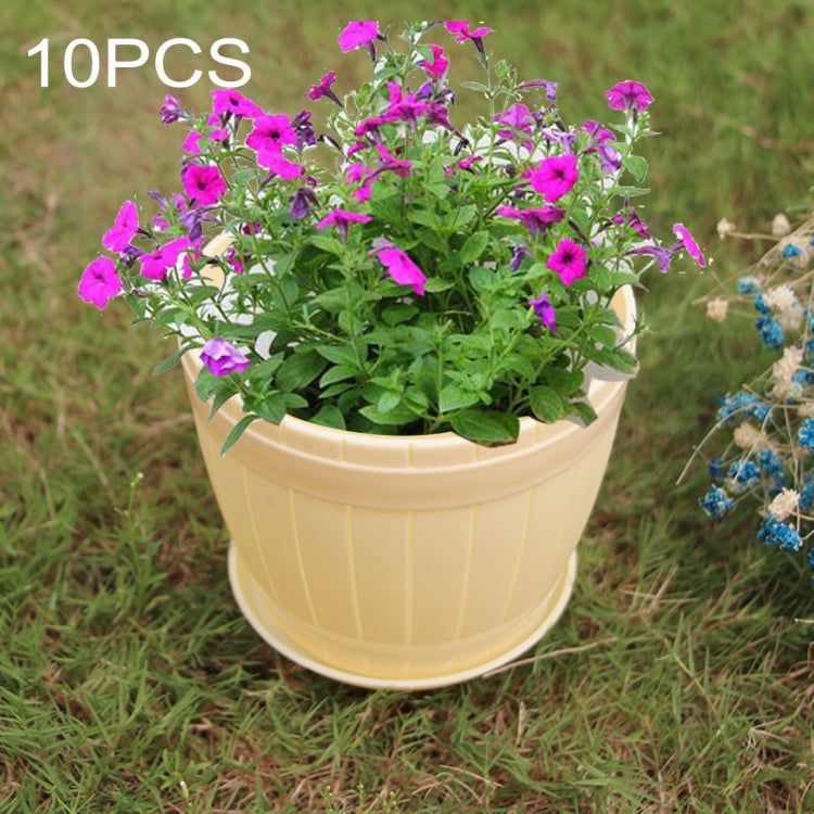 10 PCS Imitation Wooden Barrel Plastic Resin Flower Pot with Tray, Top Diameter: 13cm, Height: 11.5cm