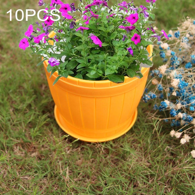 10 PCS Imitation Wooden Barrel Plastic Resin Flower Pot with Tray, Top Diameter: 13cm, Height: 11.5cm