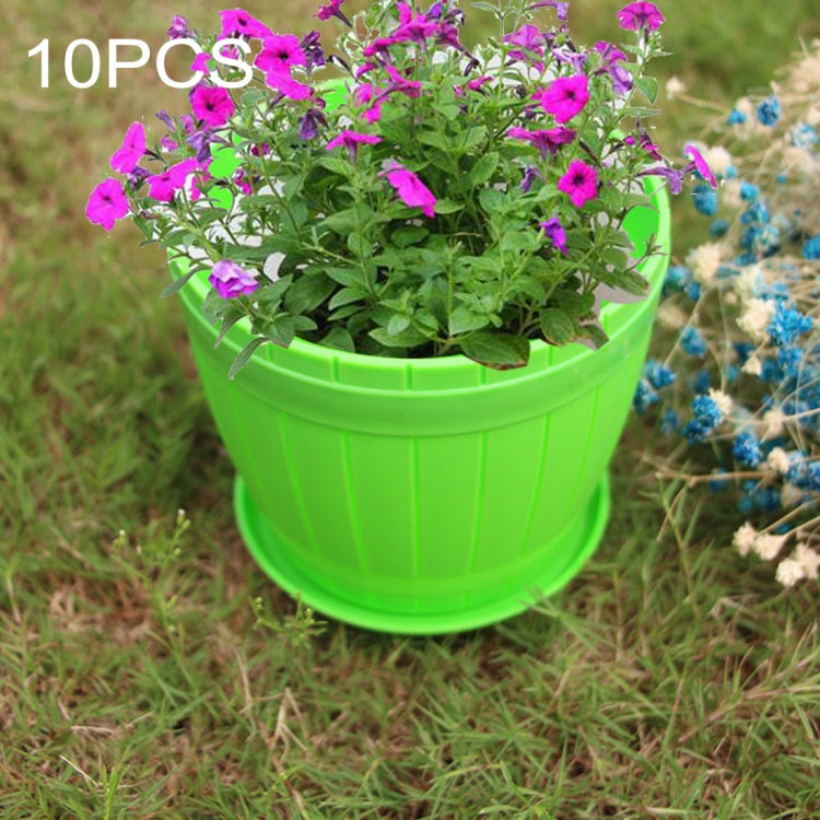 10 PCS Imitation Wooden Barrel Plastic Resin Flower Pot with Tray, Top Diameter: 16cm, Height: 13.5cm
