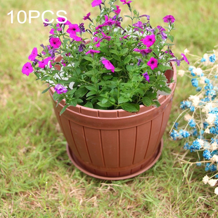 10 PCS Imitation Wooden Barrel Plastic Resin Flower Pot with Tray, Top Diameter: 19cm