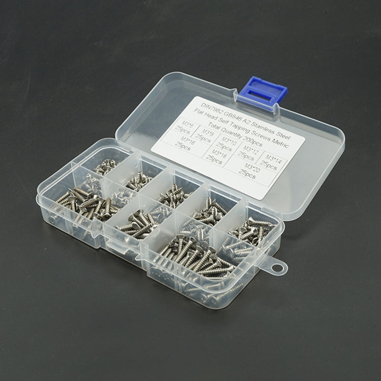 200 PCS M3 Stainless Steel 304 Countersunk Flat Head Tapping Screw Combination Set