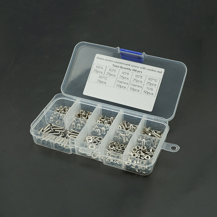 300 PCS M3 Stainless Steel 304 Cross Countersunk Head Screw Nut Flat Mat Spring Lock Washers Combination Set