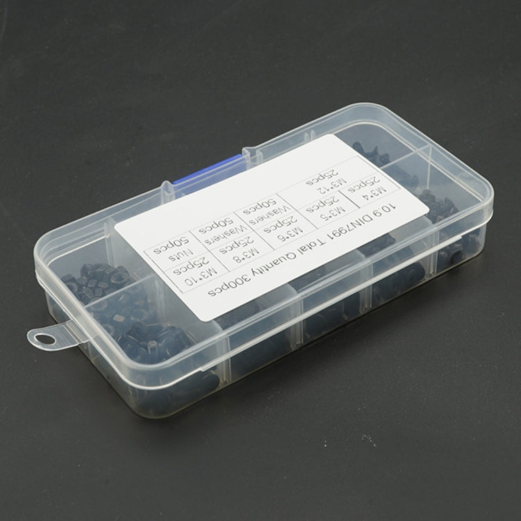 300 PCS M3/M4/M5/M6/M8/M10/M12 Countersunk Head Hexagonal Screw Nut Flat Mat Spring Lock Washers Combination Set (Black)