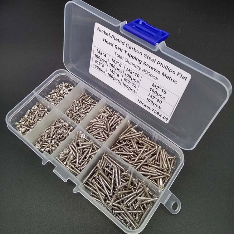 800 PCS M2 Nickel-Plated Carbon steel Countersunk Head Tapping Screws Combination Set (Silver)