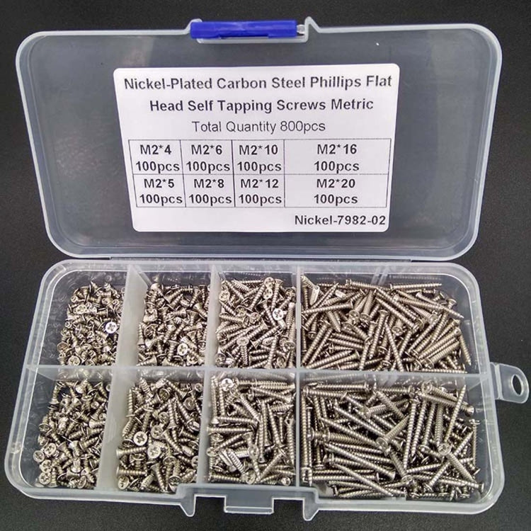 800 PCS M2 Nickel-Plated Carbon steel Countersunk Head Tapping Screws Combination Set (Silver)