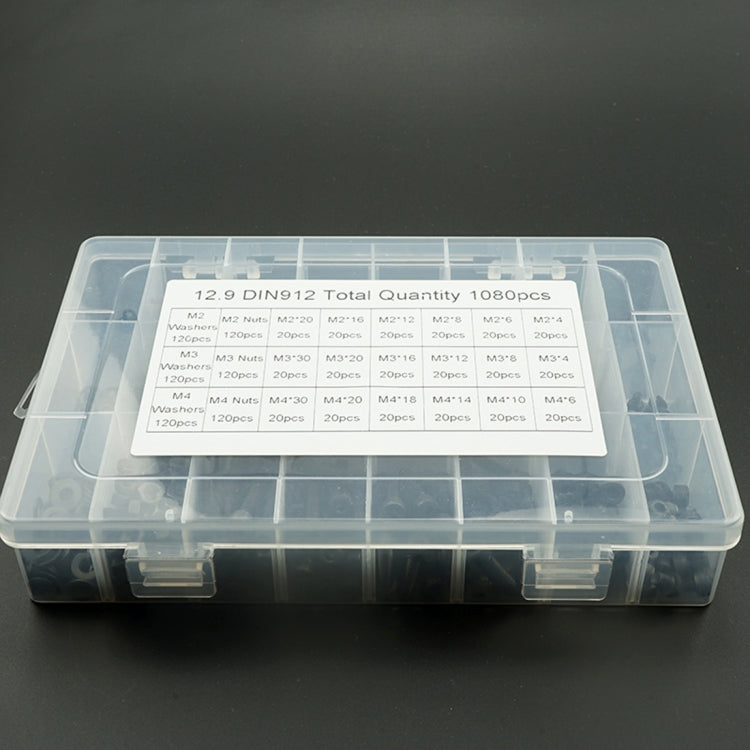 1080 PCS M2 / M3 / M4 Stainless Steel Cup Head Hex Socket Screws Nut Flat Mat Combination Set(Black)