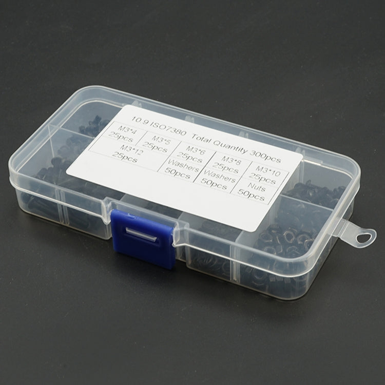 300 PCS M3 / M4 / M5 / M6 / M8 / M10 / M12 Hexagon Socket Button Head Screws Nut Flat Mat Combination Set(Black)