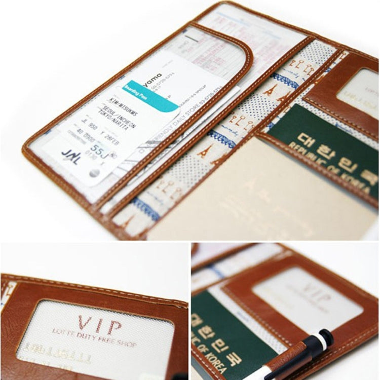 Multi-function Long Style Two-folding Leather Passport Travel Wallet Certificates Ticket Case with Card Slots &Wallet & Pen Strap(Brown)