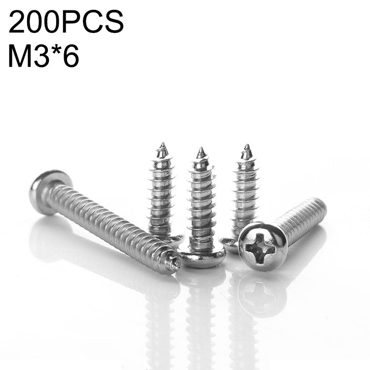 200 PCS 201 Stainless Steel Cross Round-headed Tapping Thread Screw, M3x6