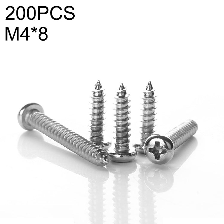 200 PCS 201 Stainless Steel Cross Round-headed Tapping Thread Screw, M4x8
