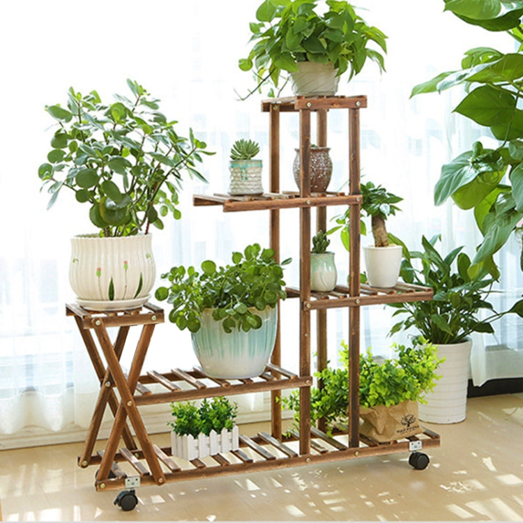 Wooden Plant Flower Display Stand Wood Pot Shelf Storage Rack, with Wheel