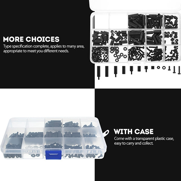 260 PCS Nylon M3 Black Hex Socket Stud Nut Screws PCB Standoff Assortment Kit (Black)