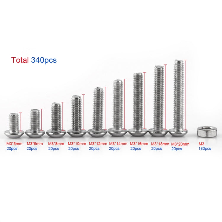 340 PCS ISO7380 Hex Socket Screws Bolts Nut M3 Stainless Steel Pan Head Screw Set
