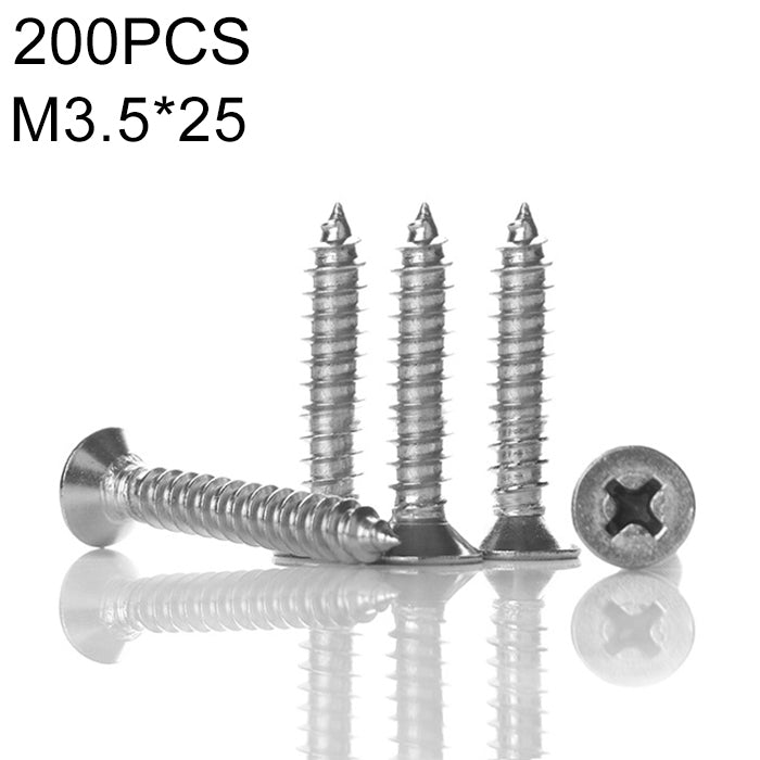 200 PCS 201 Stainless Steel Cross Countersunk Tapping Thread Screw, M3.5x25