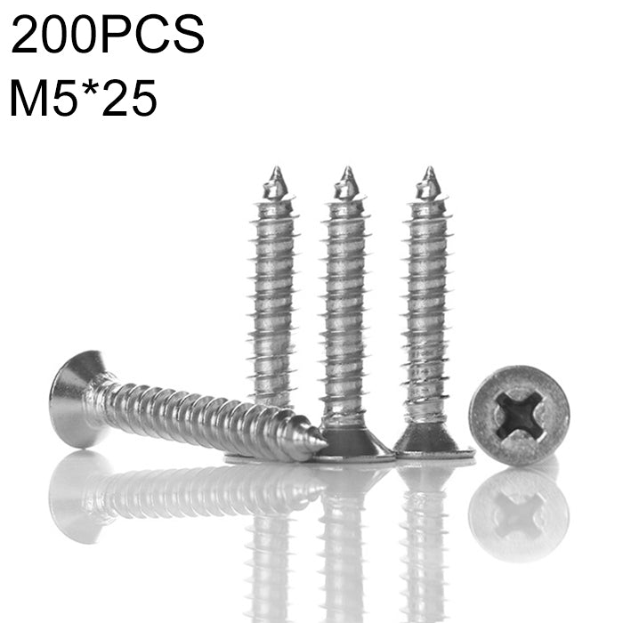 200 PCS 201 Stainless Steel Cross Countersunk Tapping Thread Screw, M5x25
