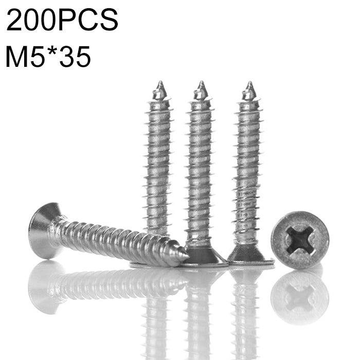 200 PCS 201 Stainless Steel Cross Countersunk Tapping Thread Screw, M5x35