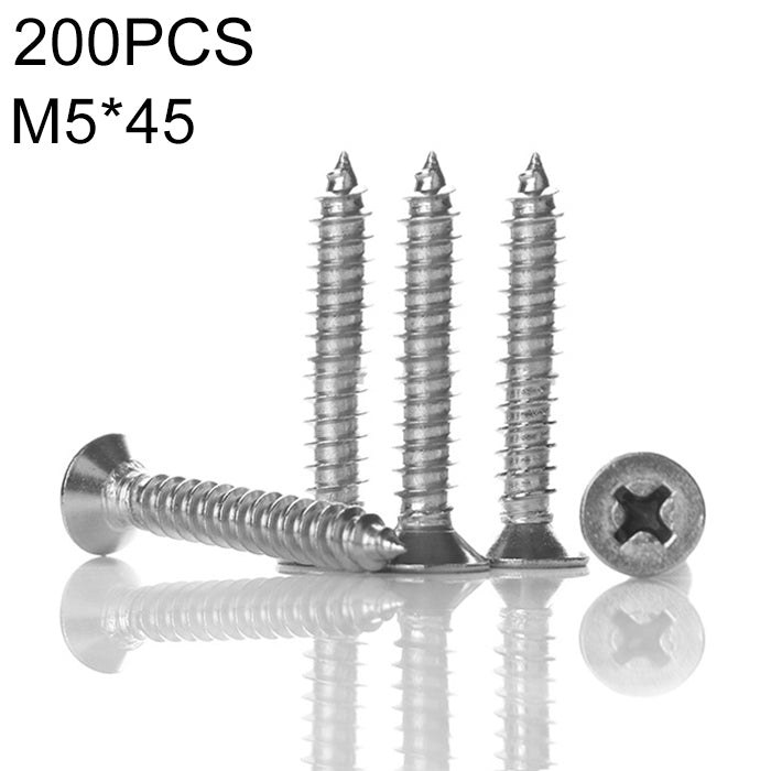 200 PCS 201 Stainless Steel Cross Countersunk Tapping Thread Screw, M5x45