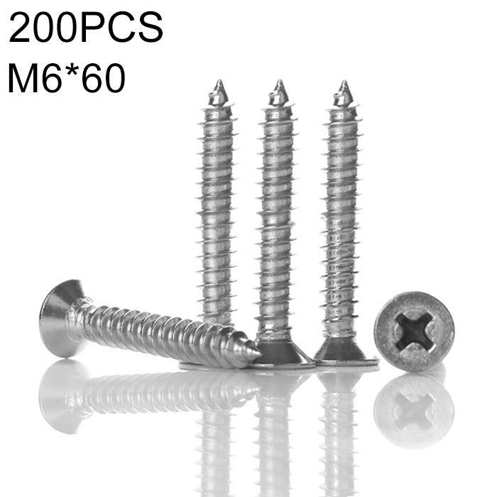 200 PCS 201 Stainless Steel Cross Countersunk Tapping Thread Screw, M6x60