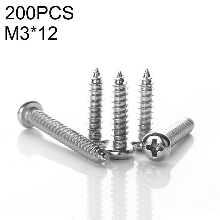 200 PCS 201 Stainless Steel Cross Round-headed Tapping Thread Screw, M3x12