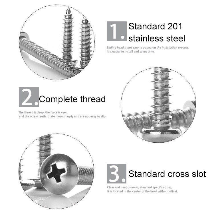 200 PCS 201 Stainless Steel Cross Round-headed Tapping Thread Screw, M3.5x30