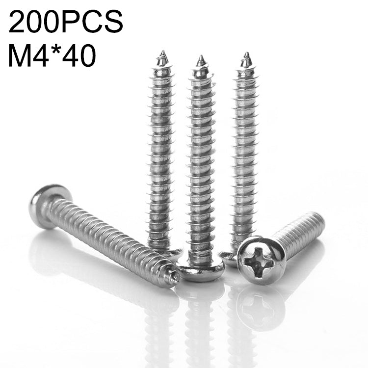 200 PCS 201 Stainless Steel Cross Round-headed Tapping Thread Screw, M4x40