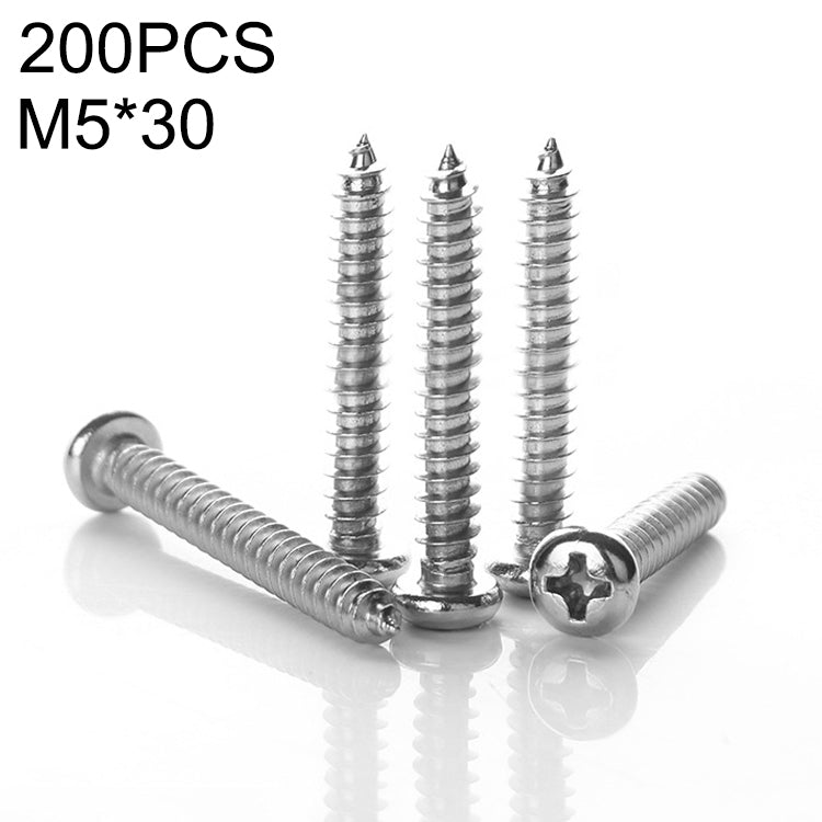200 PCS 201 Stainless Steel Cross Round-headed Tapping Thread Screw, M5x30