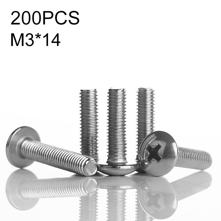 200 PCS 201 Stainless Steel Cross Large Flat Head Screw, M3x14