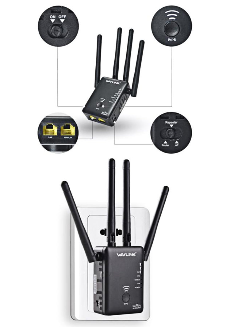 Wavlink WS-WN575A3 5GHz 866Mbps + 2.4GHz 300Mbps Dual Band Wireless Mini Wall Plug Router WiFi Repeater with 4 External Antennas(Black)