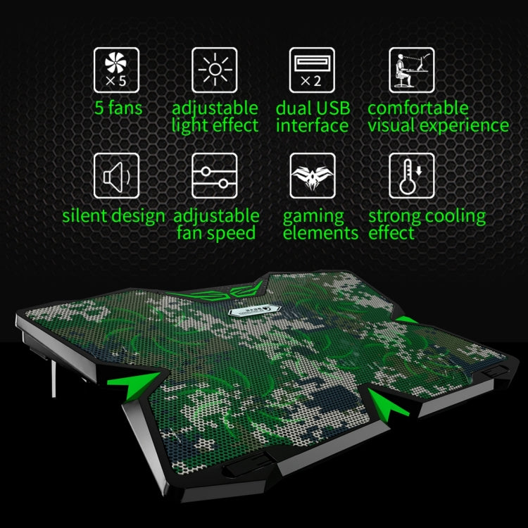 Ice Troll 2S COOLCOLD DC 9V Dual USB Five Fans Cooler Stand Radiator Cooling Pad for 12-17 inch Gaming Laptop Notebook(Camouflage)