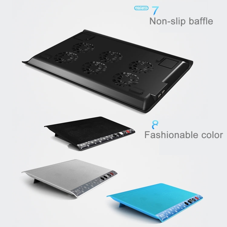 NUOXI M6 Six Fans Touch Ultra Silent Metal Surface Notebook Computer Cooling Base USB Cooler Pad with 2 x USB Ports