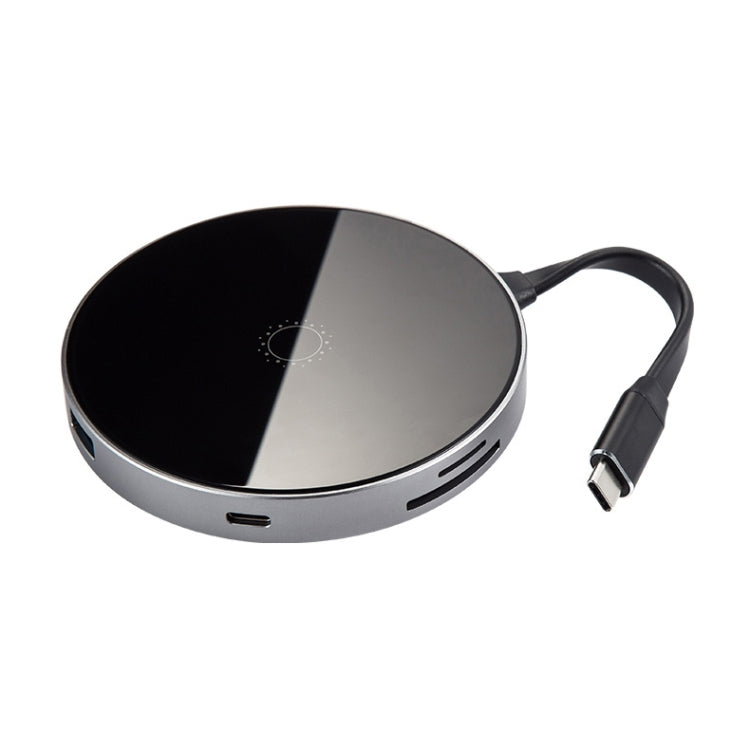 KZ-CW-WH1 6 in 1 PD Power Supply Port + HDMI HD Interface + 2 USB 3.0 Interface to USB-C / Type-C Interface Glass Surface Multifunction HUB Docking Station with SD & TF Card Slots, Support Wireless Charging(Black)