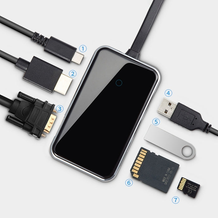 KZ-C-301 7 in 1 VGA Interface + PD Power Supply Port + HDMI HD Interface + 2 USB 3.0 Interface to USB-C / Type-C Interface Glass Surface Multifunction HUB Docking Station with SD & TF Card Slots(Black)